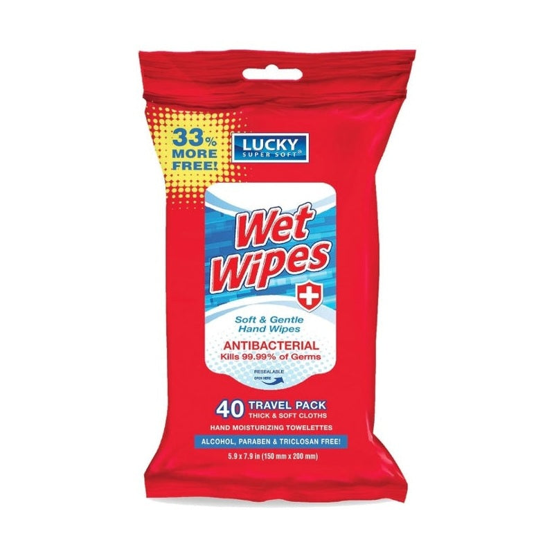 Red bag of Lucky Super Soft Wet Wipes.